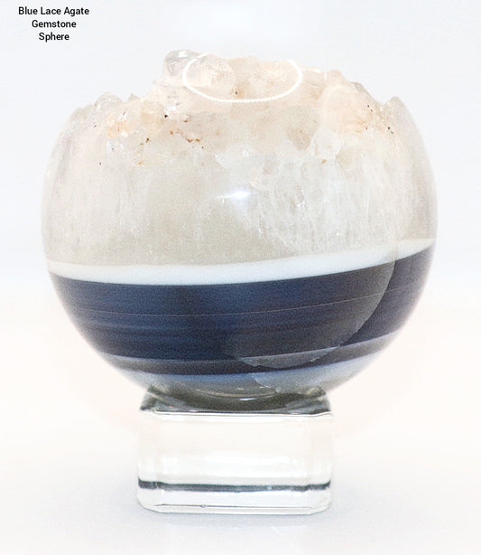Blue Lace Agate Gemstone Sphere & Clear Square Stand