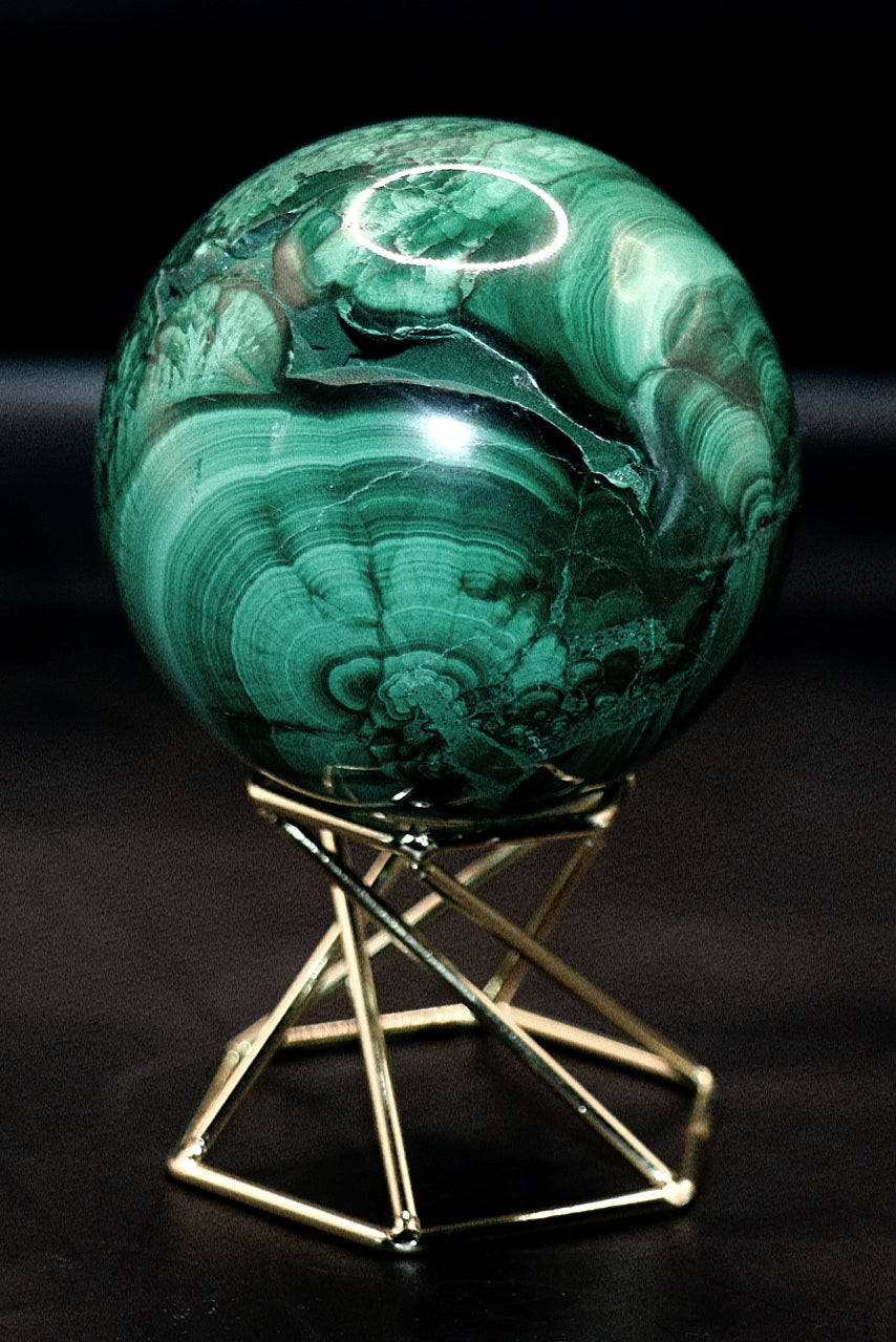 Malachite Gemstone Sphere & Gold Tone Sphere Stand