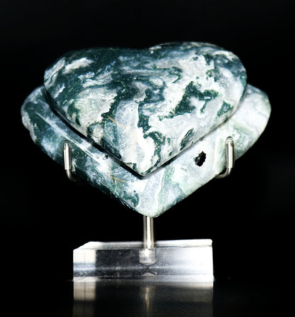 Green Moss Agate Double Hearts Carved Gemstone & Stands