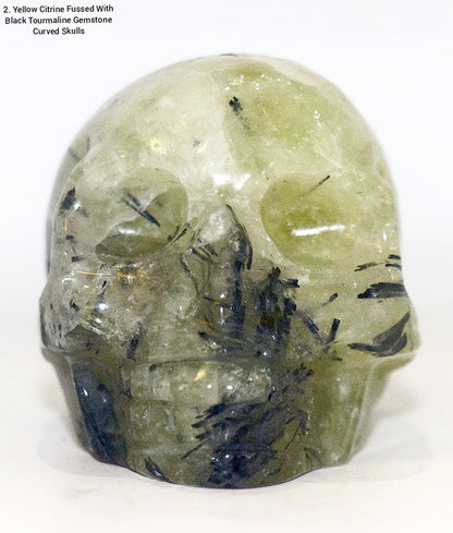 Rare Yellow Citrine Fussed With Black Tourmaline Gemstone Curved Skulls