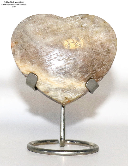 Blue Flash Moonstone Carved Hearts Gemstone & Stand