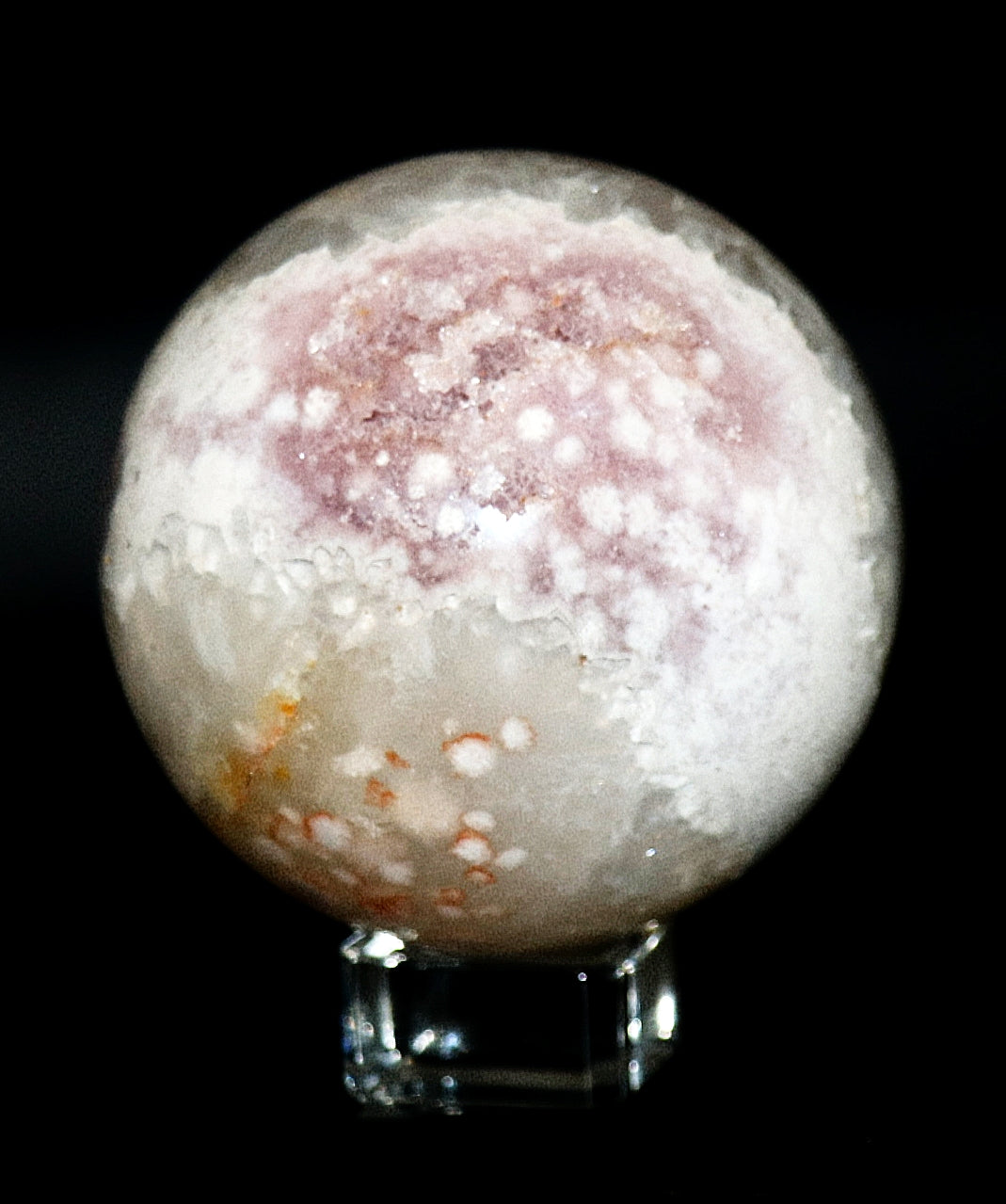 70 - 80mm+  Rare Pink Amethyst Gemstone Sphere & Golden Triangle Sphere Holder & Clear Square Sphere Stand