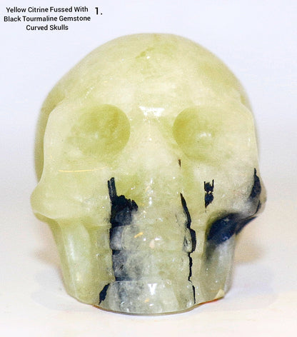 Rare Yellow Citrine Fussed With Black Tourmaline Gemstone Curved Skulls