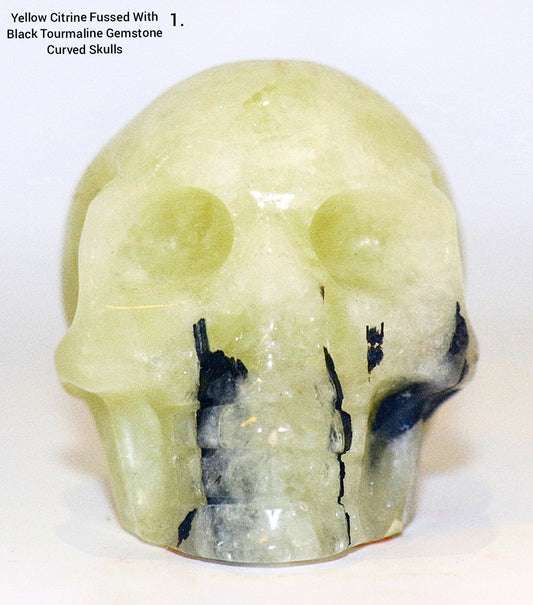 Rare Yellow Citrine Fussed With Black Tourmaline Gemstone Curved Skulls