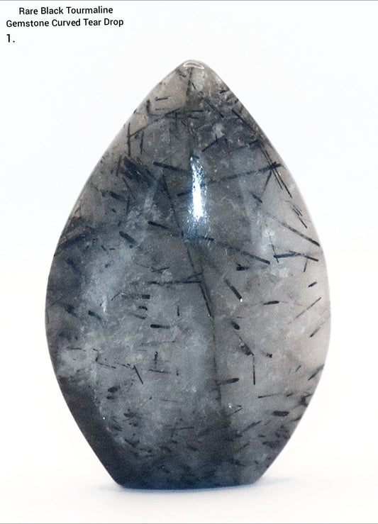 Rare Black Tourmaline Gemstone Curved Tear Drop & Curved Heart