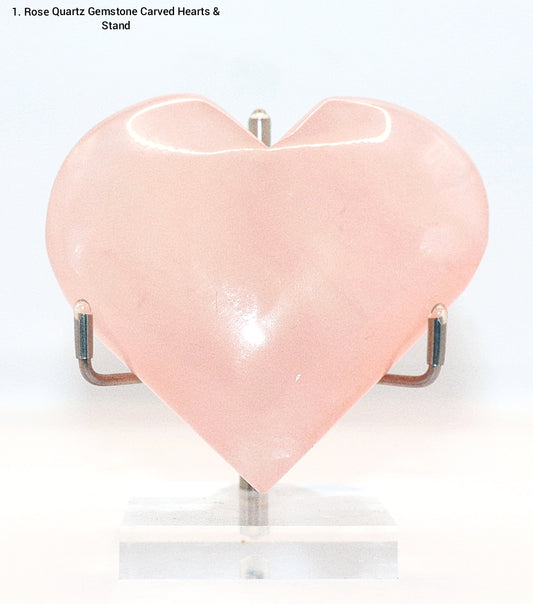 Rose Quartz Gemstone Carved Hearts & Stand
