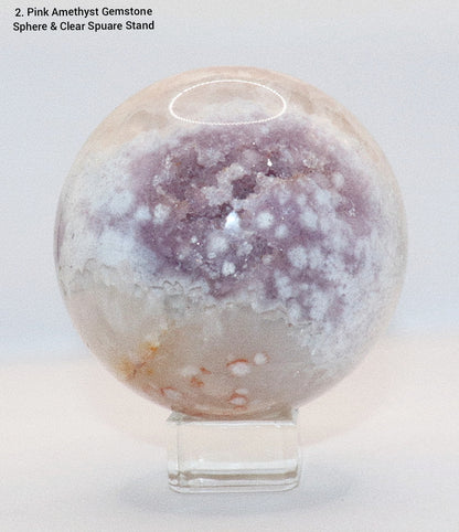 70 - 80mm+  Rare Pink Amethyst Gemstone Sphere & Golden Triangle Sphere Holder & Clear Square Sphere Stand